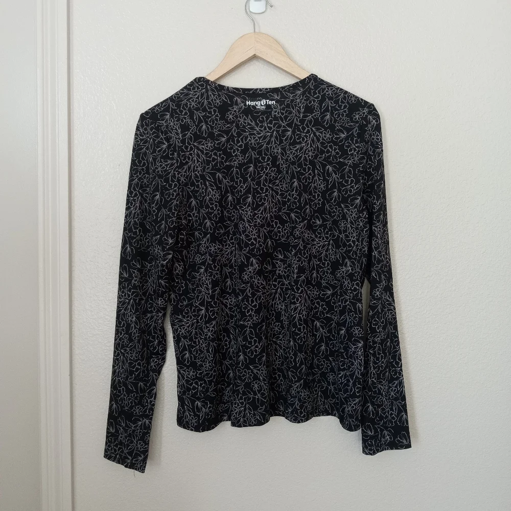 Hang Ten Rash Guard Long Sleeve Black Floral Top UV Protection UPF 50+